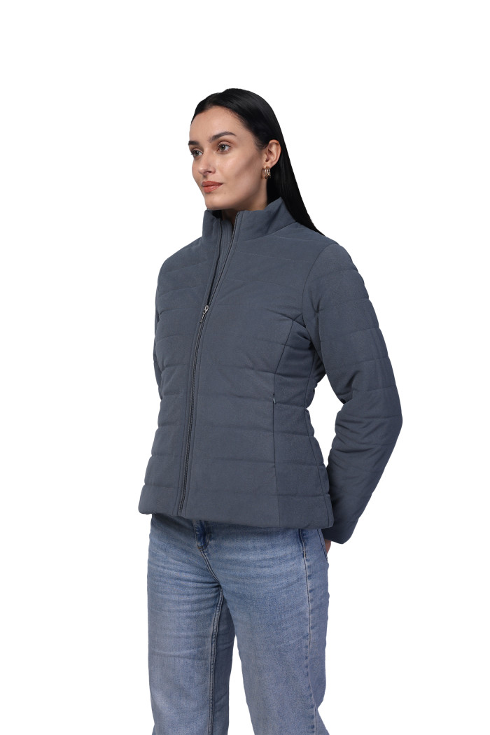 A model showcasing Women Quilted Jacket In Velvet Fabric With Concealed Zipper Pocket thumbnail.